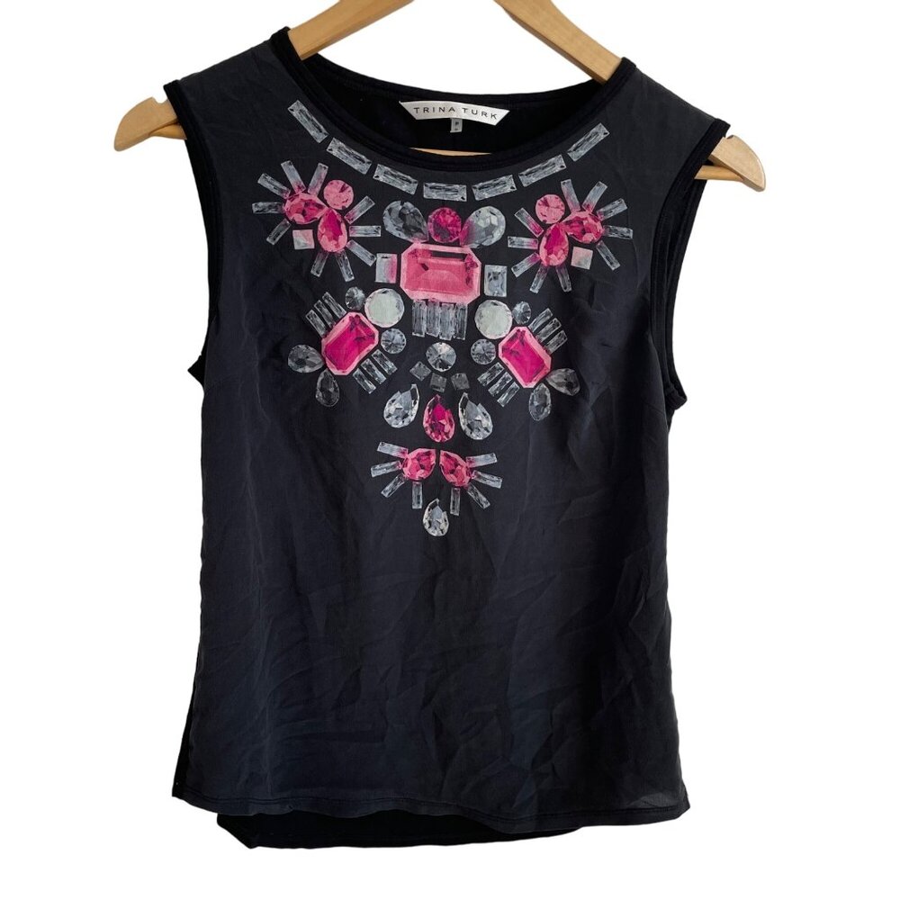 Trina Turk Shirt Womens Small Silk‎ Black Lightweight Tank Top Sleeveless Blouse